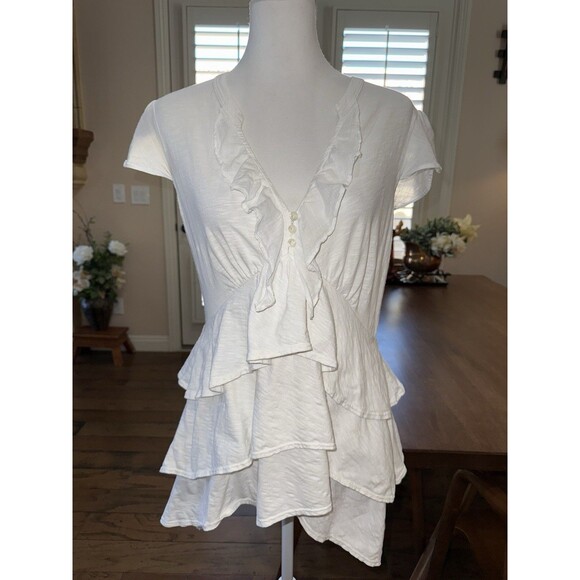 Left of Center White Ruffle Tiered Peplum Top Boho Cottagecore Feminine Y2K M - Picture 1 of 9